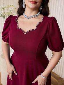 Modelyn Plus Size Elegant Party Rhinestone Decorated Dress - Burgundy - View 5
