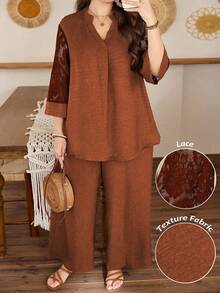 Lacomfia Plus Size Women Summer Brown Textured Fuzzy Sleeve Patchwork Lace 3/4 Sleeve Loose Top & Wide Leg Pants Set,Autumn Tropical Al-Adha Tea Party S - Orange - View 1