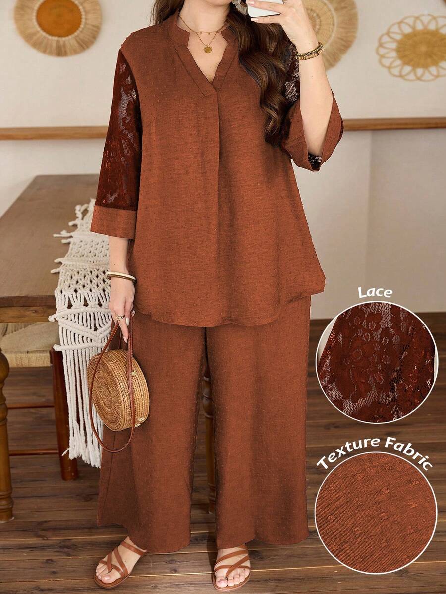 Lacomfia Plus Size Women Summer Brown Textured Fuzzy Sleeve Patchwork Lace 3/4 Sleeve Loose Top & Wide Leg Pants Set,Autumn Tropical Al-Adha Tea Party S - Orange - View 1