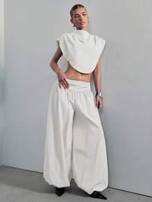 Hauture Women's Low Rise Shirred Waist Pull On Balloon Pant Sexy Office Wear - White - View 3