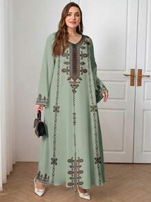 Al Najma Plus Size Women V-Neck Floral Pattern Casual Party Arabic Style Dress - Multicolor - View 4