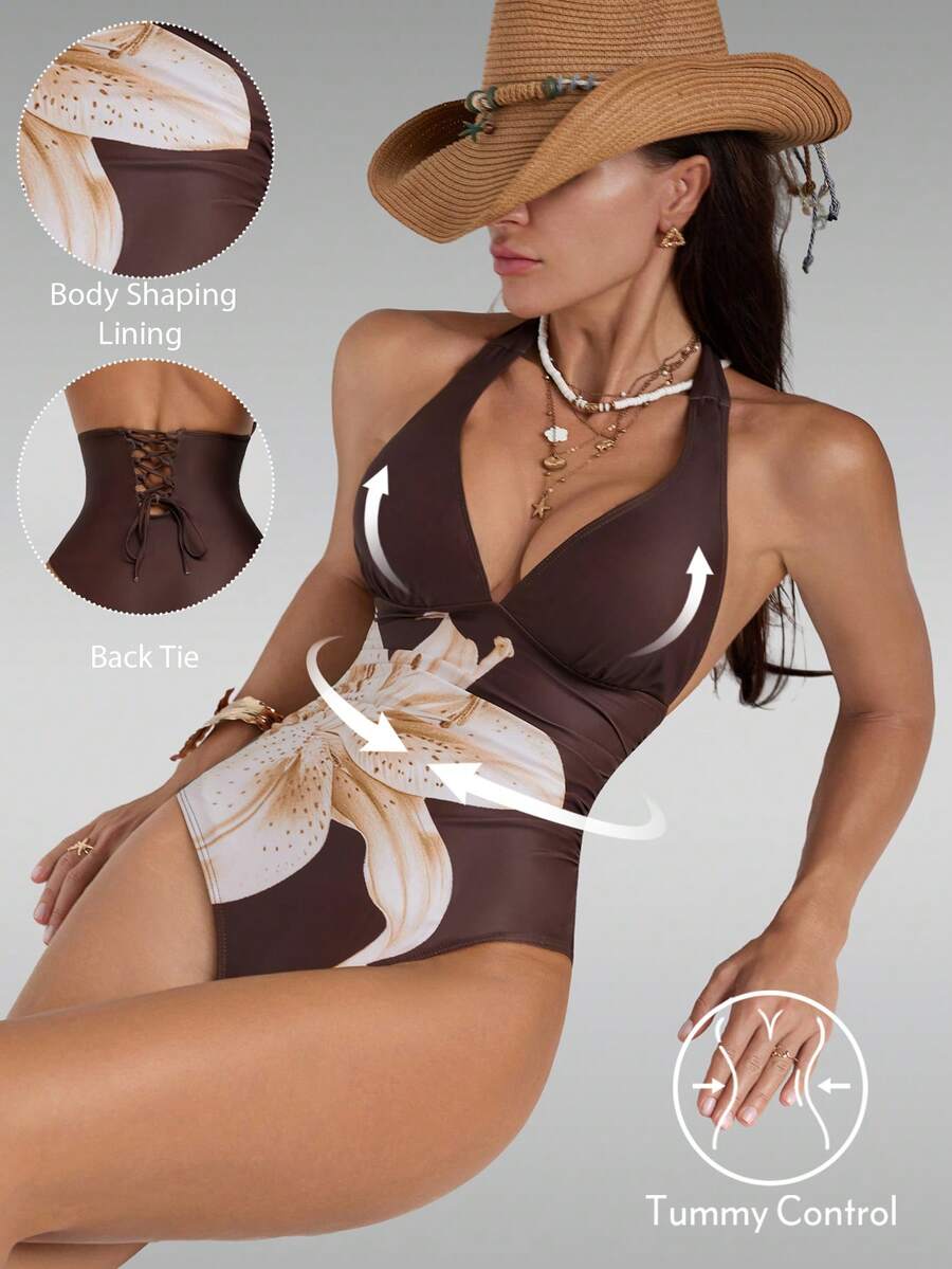 Shapewave Women's Floral Print Backless Halter One-Piece Swimsuit, Suitable For Beach Vacation - Brown - View 1