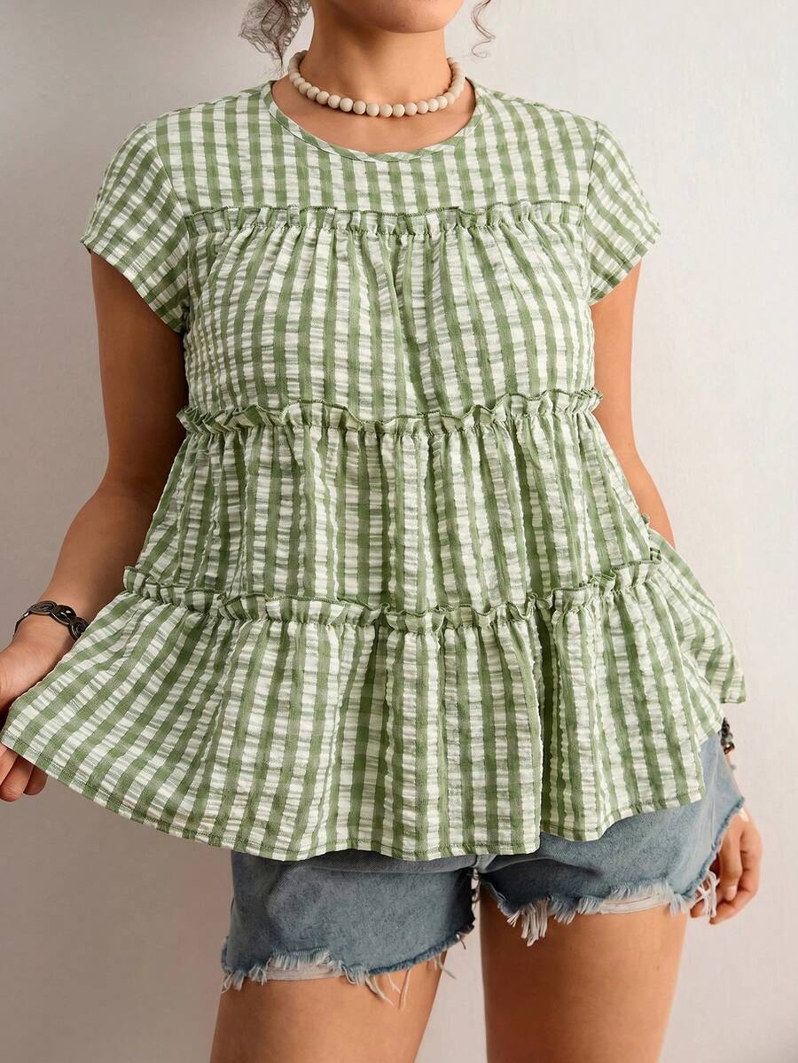 Freevana Plus Size Women's Round Neck Plaid Ruched Casual Versatile Daily Wear Shirt - Mint Green - View 1