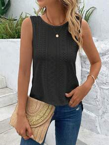 Breezaya Women's Summer Solid Color Criss-Cross Back Round Neck Casual Tank Top For New Year Clothes - Black - View 3