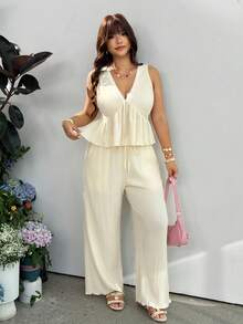 GalTyme Plus Size Women Ruffle Hem Sleeveless Top And Pants Casual 2 Pieces Set - Apricot - View 3