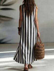 Balvessa Casual Striped Retro Sleeveless Open Front Shirt Dress, Suitable For Leisure And Work, Fashion For Women - Black and White - View 2