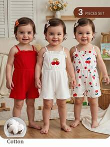 SHEIN 3pcs/Set Cute Summer Knit Floral & Striped Pattern Jumpsuit For Baby Girl - Multicolor - View 2