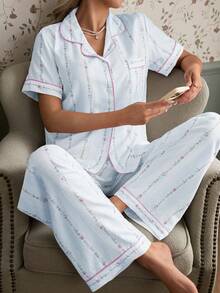 CottageSlumber Bubble Wrinkle Line Ditsy Floral Short Sleeve Pajama Set - Blue - View 3