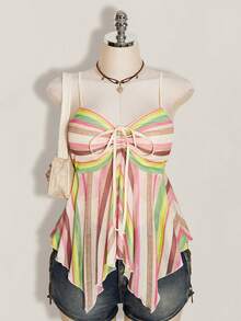 SHEIN ICON 大尺碼女款條紋可愛綁帶細肩帶背心 - 彩色 - 查看 1