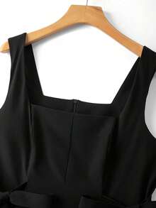 GlowEve CURVE Plus Size Women's Elegant Solid Color Square Neck Tie Waist Bow Decor Camisole Top, Suitable For Spring/Summer Commute - Black - View 6