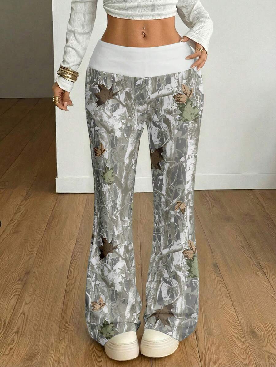 Coolane Women's White Winter Casual Streetwear Retro Leaf Print Wide Leg Pants,Vintage Y2K Punk Downtown Girl Yoga Palazzo Trousers For Date,Spring Summer - Multicolor - View 1