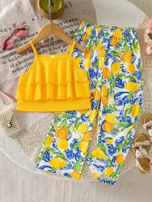YOUNG Girl Fashionable Sweet Young Girl Camisole Top And Printed Leg Pants Set, Summer Lemon Yellow Outfit - Yellow - View 5