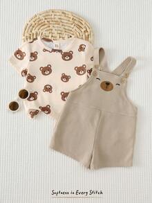 Cozy Pixies 2pcs Baby Boy Cartoon Pattern Knit Soft Crew Neck Short Sleeve Pullover Top And Bib Shorts Set - Multicolor - View 10