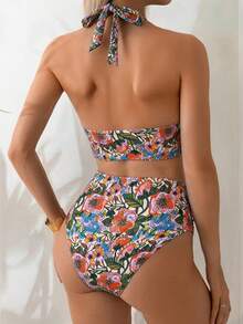 Swim Lushoire 女款花卉印花掛脖式分體式泳衣套裝，夏季度假米色熱帶海灘風 - 彩色 - 查看 2