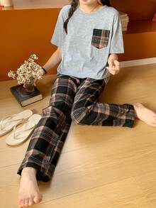 2pcs/Set Pakaian Santai Kasual untuk Remaja Perempuan: Atasan Bahu Jatuh dan Celana Kotak-kotak Retro - Grey - View 6