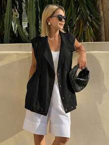 Livesso Summer Holiday Outfit White Collared Waist-Cinching Sleeveless Regular Fit Women's Jacket - Black - View 5
