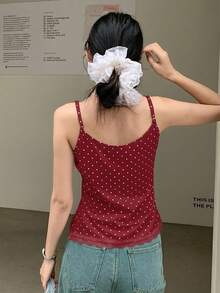K-Vae 白色波点蕾丝边吊带背心，甜美可爱修身夏季上衣，柔软针织面料，韩式休闲百搭，街头风，必备叠穿单品 - 酒紅色 - 查看 2