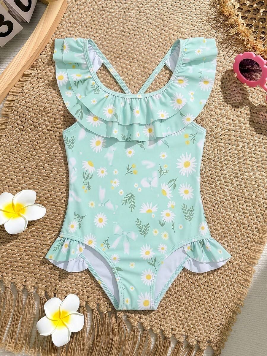 Young Girl Daisy Print Ruffled One-Piece Swimsuit, Elegant And Charming Design Suitable For Swimming - Multicolor - View 1