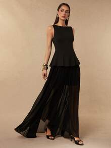 Silquee Stylish Elegant Mature Black Sleeveless Fitted Dress Women Features Flowing Mesh Hem Summer Parties Dinner Date Formal Birthday Bar Night Day Weddings - Black - View 6