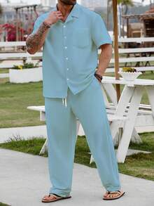 Manfinity RSRT Plus Size Men's Casual Solid Color Front Button Polo Shirt And Shorts Set, Summer - Baby Blue - View 7