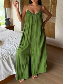 Livesso Women's Solid Color Pleated Summer Casual Camisole Jumpsuit Loungewear Pajamas - Green - View 3