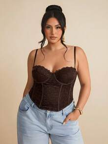 SHEIN BAE Áo hai dây ren xuyên thấu gợi cảm, trang phục tiệc, hẹn hò, thường ngày, đi làm, áo bralette dễ thương, áo club gợi cảm, áo corset, áo không dây, áo đi chơi, áo mùa hè, áo dễ thương, trang phục mùa hè cho nữ, áo ren - màu nâu - Xem 4