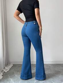 Selianne Women's Casual Versatile Daily Wear Button Pocket Flare Denim Jeans - Blue - View 2