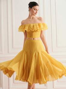 BELROSIE French Elegant Women's Holiday Date Party Mustard Yellow Textured Off-Shoulder Double-Layer Ruffle Trim Top Paired With Layered Flared Hem Skirt Set - Yellow - View 1