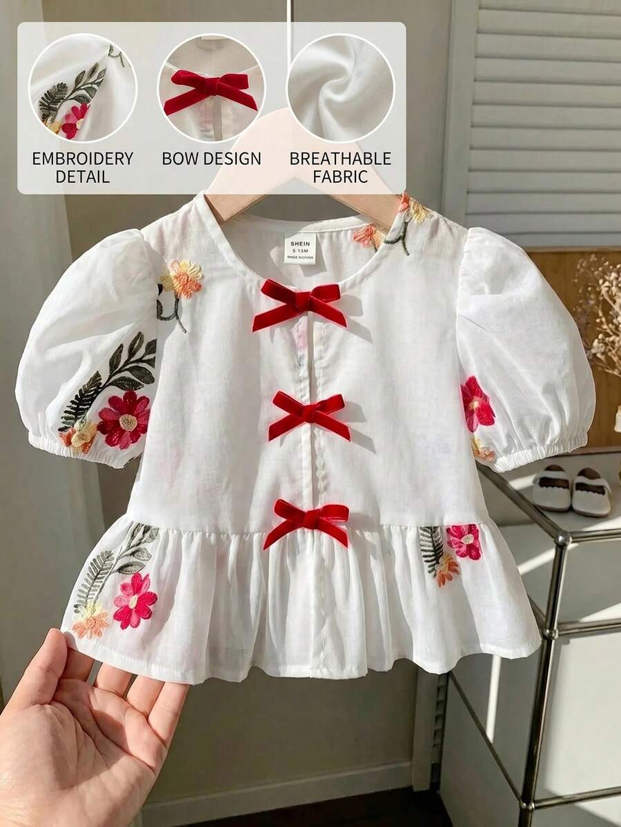 SHEIN Atasan Lengan Pendek Anak Perempuan yang Lucu dan Serbaguna untuk Musim Panas dengan Bordir Bunga dan Pita - Putih - View 1