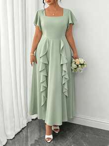 Elenzga Plus Size Solid Color Ruffle Collar Short Sleeve Dress, Summer - Green - View 4