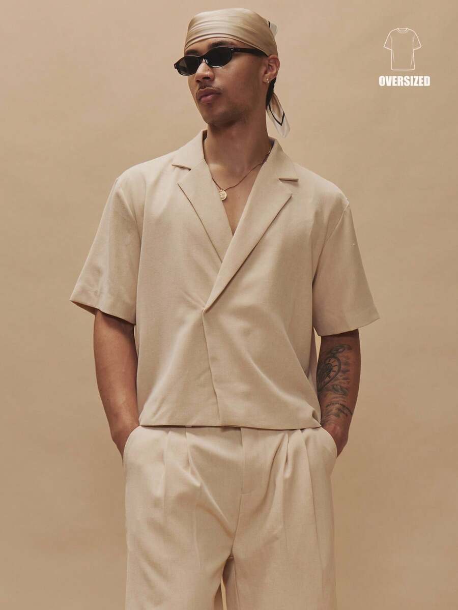 Musero Oversized Short Sleeve Dropped Shoulder Tailored Single Button Blazer Style Revere Lapels Top Spring Summer Essentials Holiday - Apricot - View 1