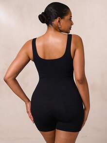 SHEIN BAE CURVE Plus Size Solid Shapewear Casual Comfy Strong Level Medium Stretch Unitard Romper - Black - View 2