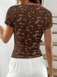 SHEIN Áo thun hoa nhí giản dị, thích hợp mặc mùa hè. - màu nâu - Xem 2