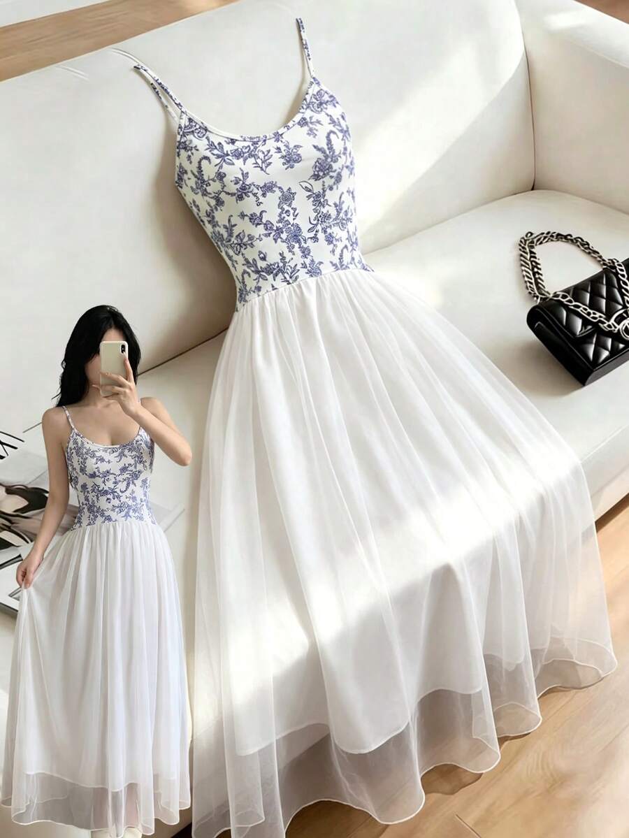Celisse Spring/Summer New Floral Print Spaghetti Strap Dress, Women's Summer Mesh Patchwork Vacation Dress, Design Sense Fitted Dress - Multicolor - View 1