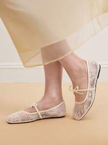Eladyva Women's White Ballet Flats With Bow Decor, Flower Embroidery, Breathable Mesh Vamp, Square Toe, Suitable For Wide Or Plump Feet, Summer Mary Jane Shoes - White - View 7