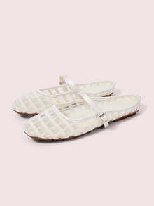 CUCCOO DOLLMOD Women's Shoes, Beige, Striped Embroidered Upper, Exposed Heel, Round Toe, Flat Bottom, Sweet, Cute, Comfortable And Casual. - Curve - Apricot - View 2
