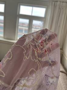 Snug Reverie Dreamy Lilac Purple Floral Embroidery Ruffle Trim Pajama Set, Slouchy Loungewear Sleeping Summer Cute - Purple - View 7