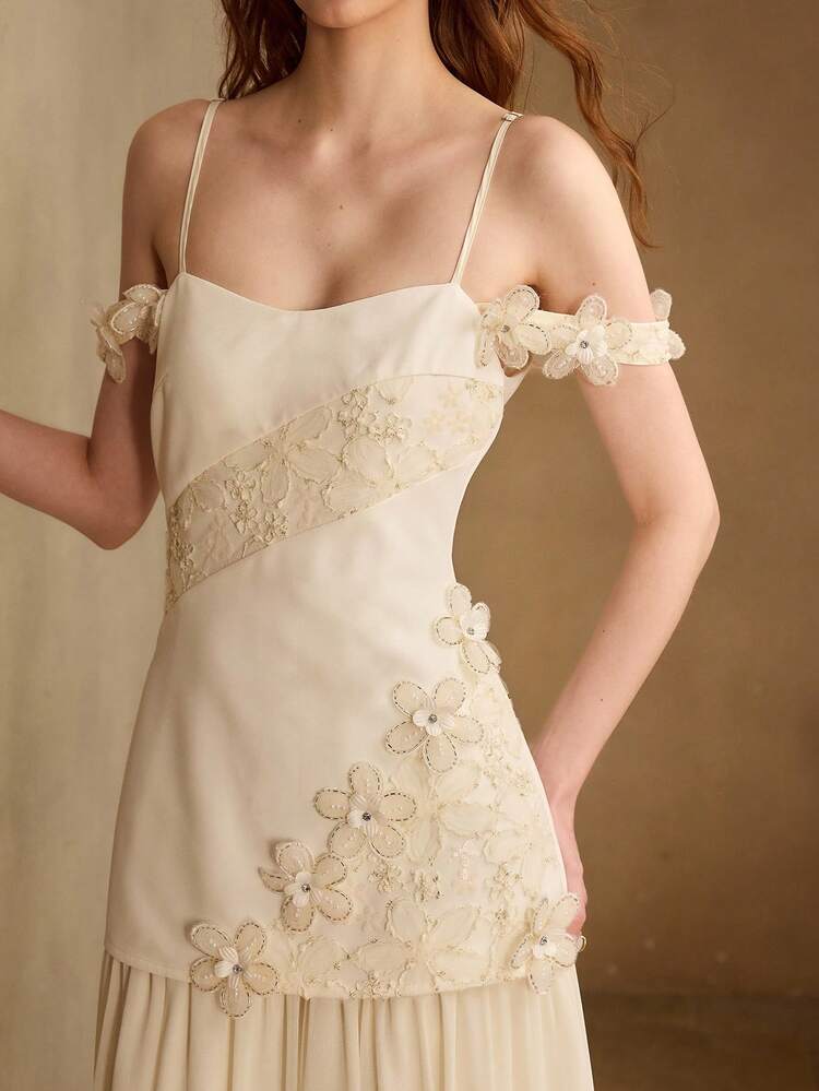 ELEGANT COLD SHOULDER 3D FLORAL DRESS