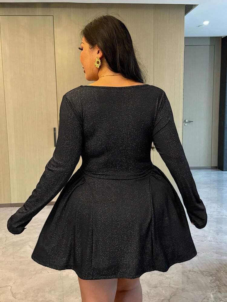Dazy Plus Plus Size Women's Shiny Wrap Cocktail Dress, Sexy Flare Sleeve Mini Black Dress For Spring/Summer
