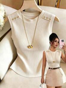 Rafferiza 女款無袖裝飾鈕扣背心，適合居家、日常穿著、外出、旅行、商務 - 杏色 - 查看 3