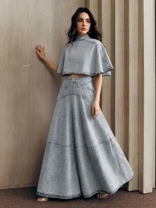 Anewsta 女士秋季时尚水洗粉色牛仔两件套：荷叶边牛仔裙 + 短袖牛仔披肩 - 藍色 - 查看 5