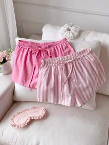 Comfortcana Women's Tie Waist Button Design Casual Cute Shorts Pink Stripe Summer Lounge - Pink - View 8