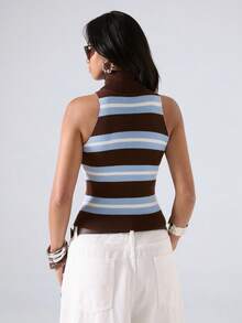LYSMO Pull sans manches en tricot col roulé à rayures contrastées - Marron - Voir 2