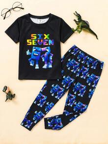 SHEIN 兒童男童卡通香蕉印花休閒簡約貼身舒適圓領短袖短褲睡衣，適合春/夏 - 綠色 - 查看 6