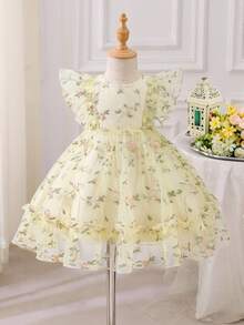 SHEIN Glamorique Kids 刺繡公主洋裝，小飛袖腰部貼身正式洋裝，適用於幼童，四季皆宜 - 彩色 - 查看 5