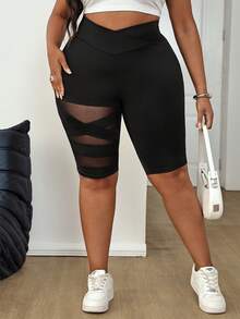 SHEIN PETITE CURVE Plus Size Women's Solid Color Basic Leggings, Contrast Color Mesh Sheer Leggings, Casual Sexy, Sports, Spring, Carnival Wear, Black, Summer, Daily Gym - Black - View 5