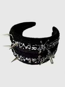ROMWE Anime 1Pc Black Punk Millennial Style Cross Rivet Lace Stitching Stylish Simple Retro Sexy Ladies Headband, Suitable For College, Shopping, Dating, Etc - Black letters - View 1
