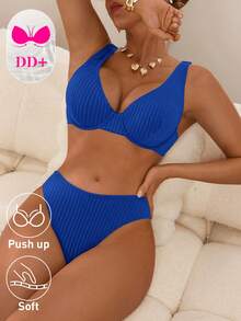 Swim DD+ 2026 SS 女款海灘套裝，女款泳衣套裝，2件式，優雅浪漫性感知性條紋紋理面料適用於海灘度假村，專為DD+胸圍設計，PUSH UP 支撐鋼圈，可拆卸墊杯，比基尼套裝，黑色、咖啡棕、棕色，性感奢華，優雅知性，浪漫度假，2026 春夏新時尚，新年、情人節、返校、旅遊季節，適合度假、海灘、下午茶野餐、派對、日常穿著、休閒、戶外運動，時尚套裝 - 寶藍色 - 查看 4
