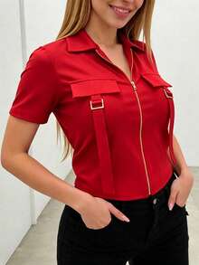 EMERY ROSE Plus Size Women Casual Sexy Zipper Solid Color Shirt - Red - View 3