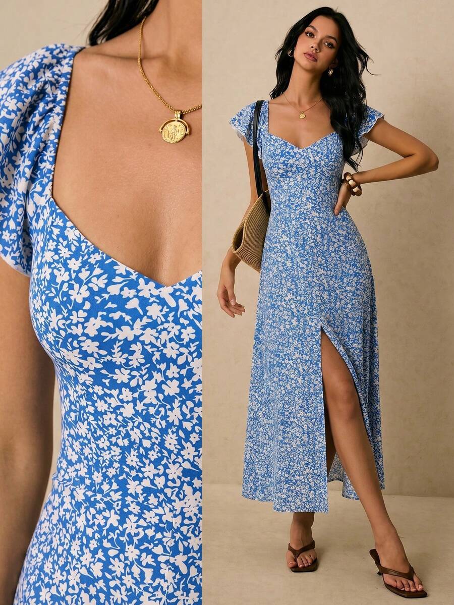 Poéselle 女士夏季海滩度假碎花甜心领束腰连衣裙